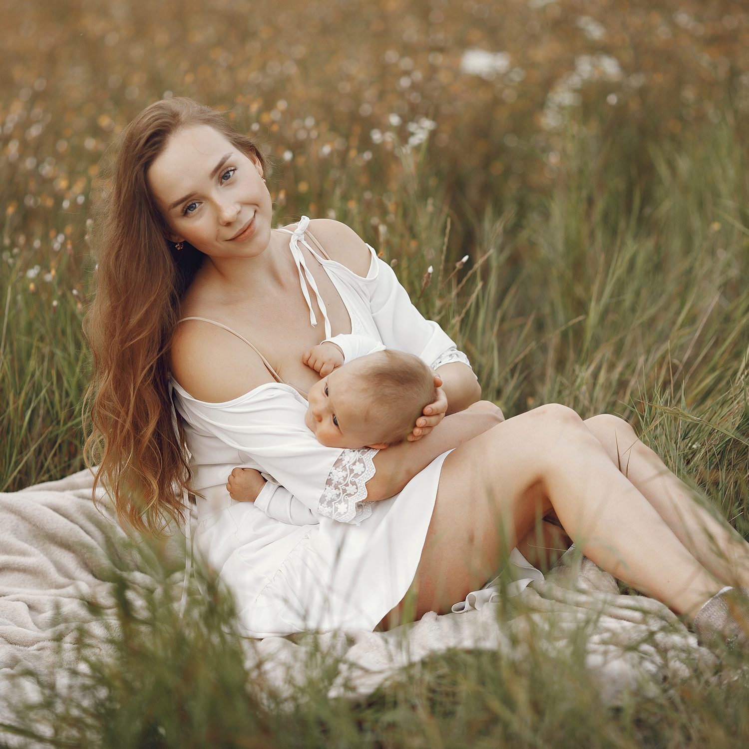 Mother with daughter. Family in a field. Newborn girl. Woman in a white dress.